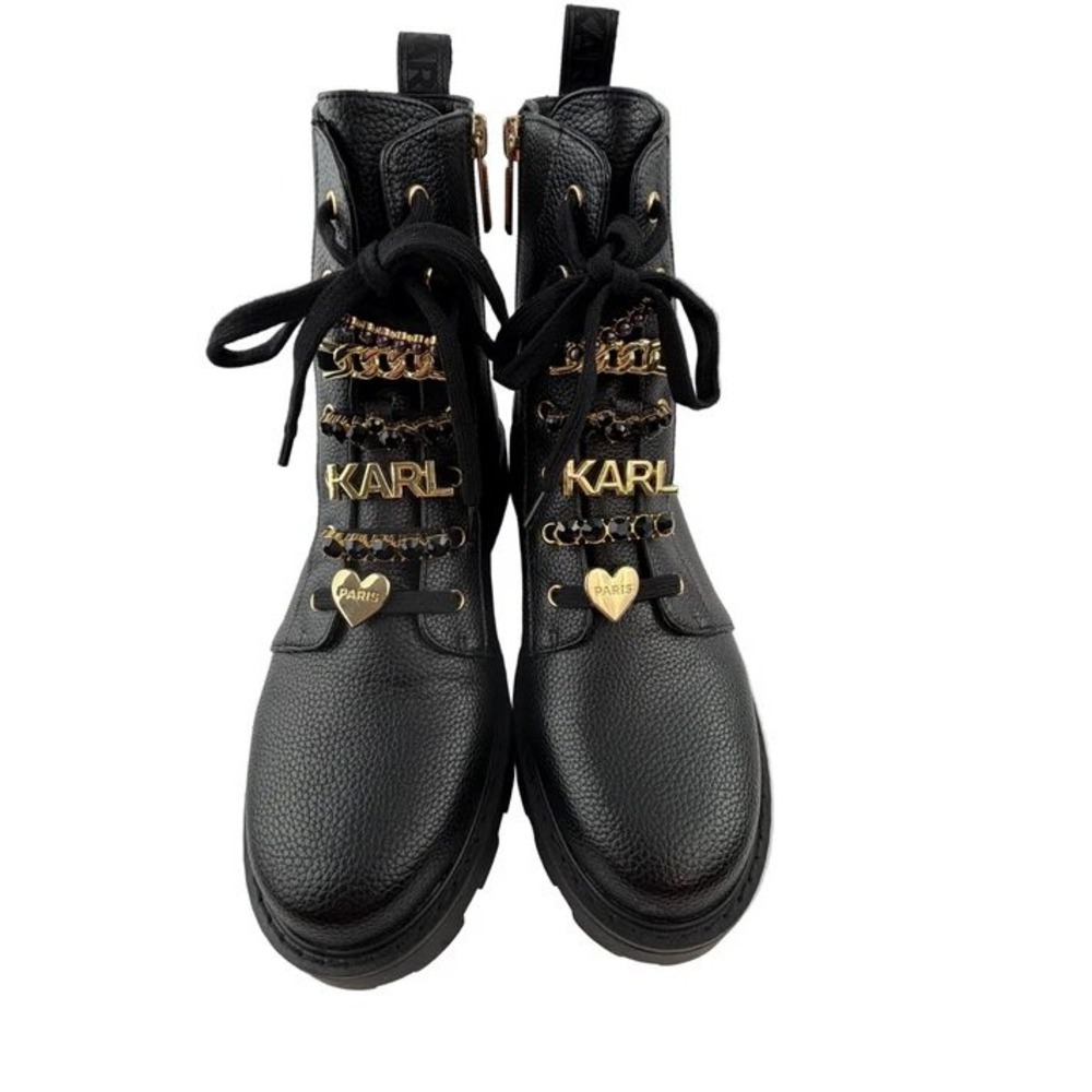 Karl Lagerfeld Paris Womens Black Leather Combat Boots Gold Charms Lug Sole